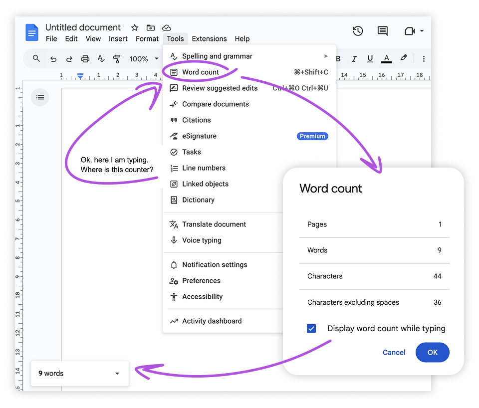 Google Docs калькулятор слів