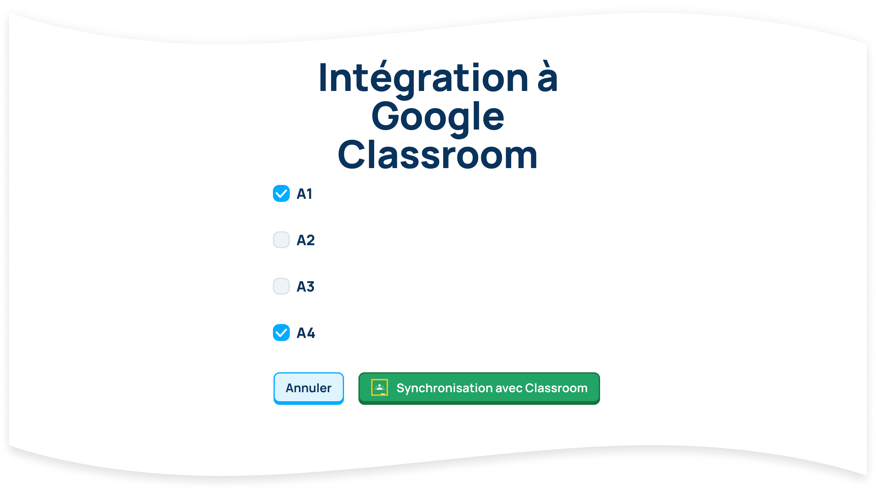 Sélectionnez les cours que vous souhaitez ajouter à Ratatype et cliquez sur le bouton Synchroniser avec Classroom. Vous pouvez choisir autant de classes que vous le souhaitez.