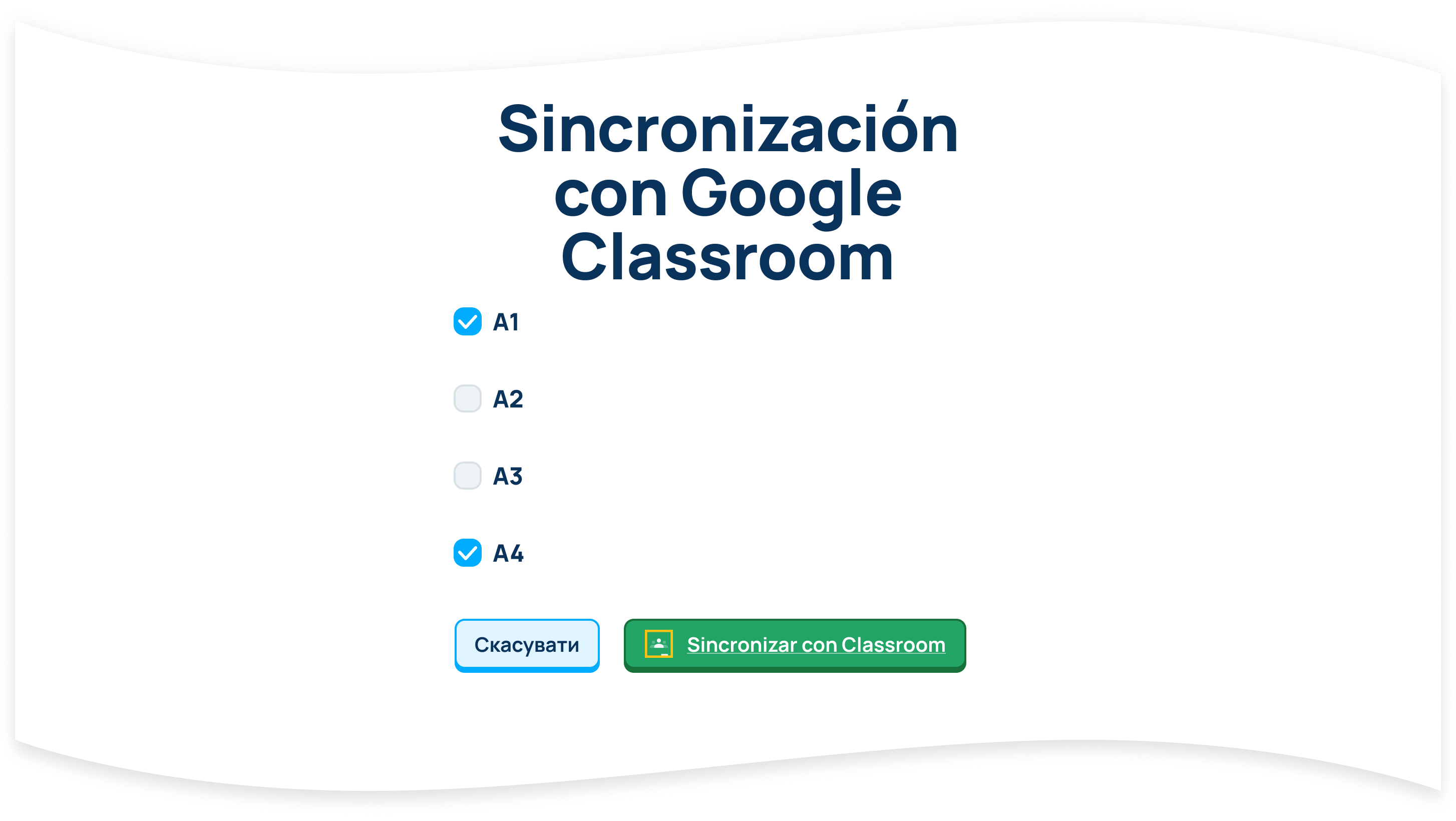 Selecciona las clases que quieres añadir a Ratatype y pulsa el botón Sincronizar con Aula. Puedes elegir cualquier número de clases.