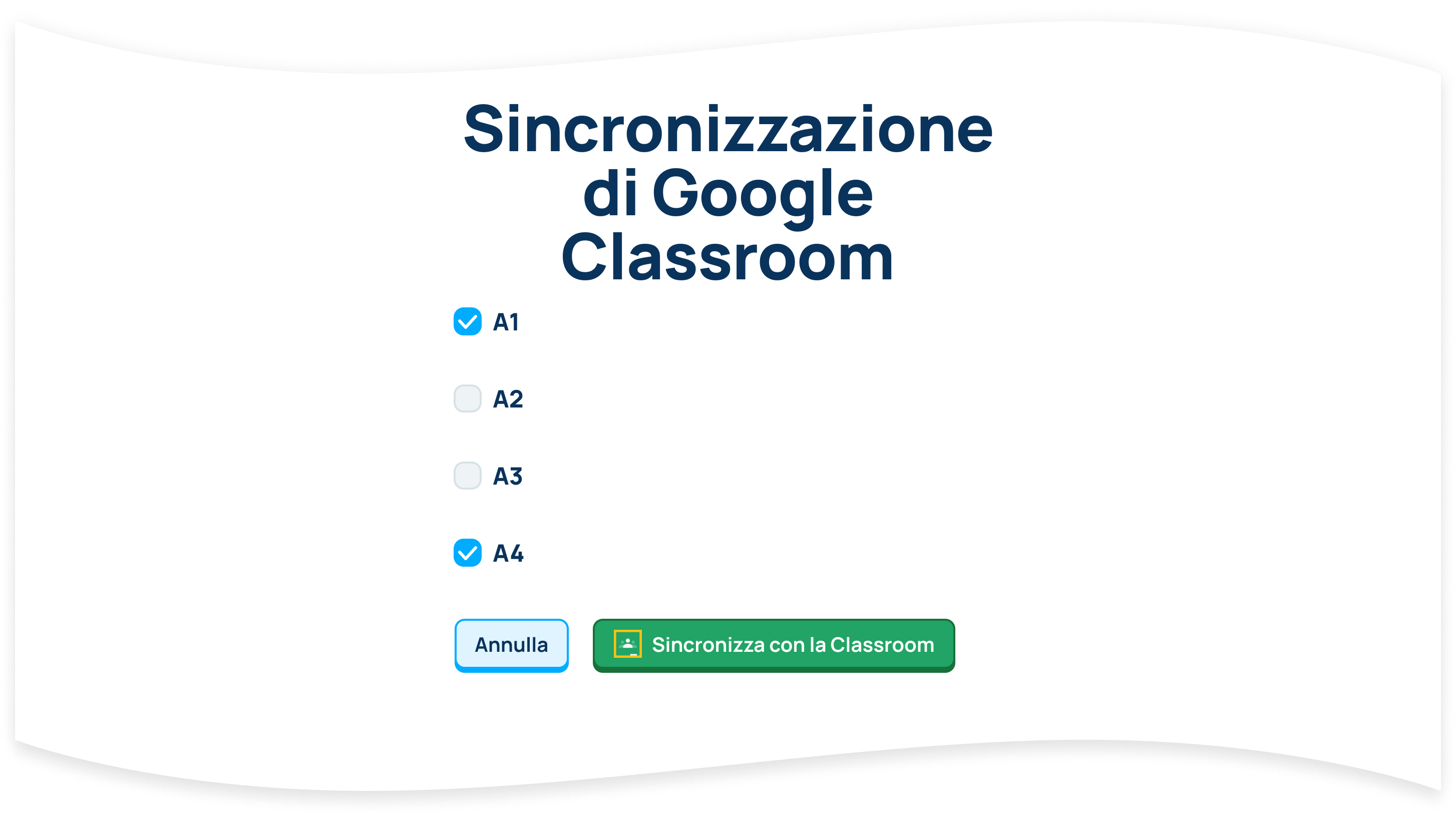 Selezionare le classi che si desidera aggiungere a Ratatype e fare clic sul pulsante Sincronizza con Classroom. È possibile scegliere un numero qualsiasi di classi.