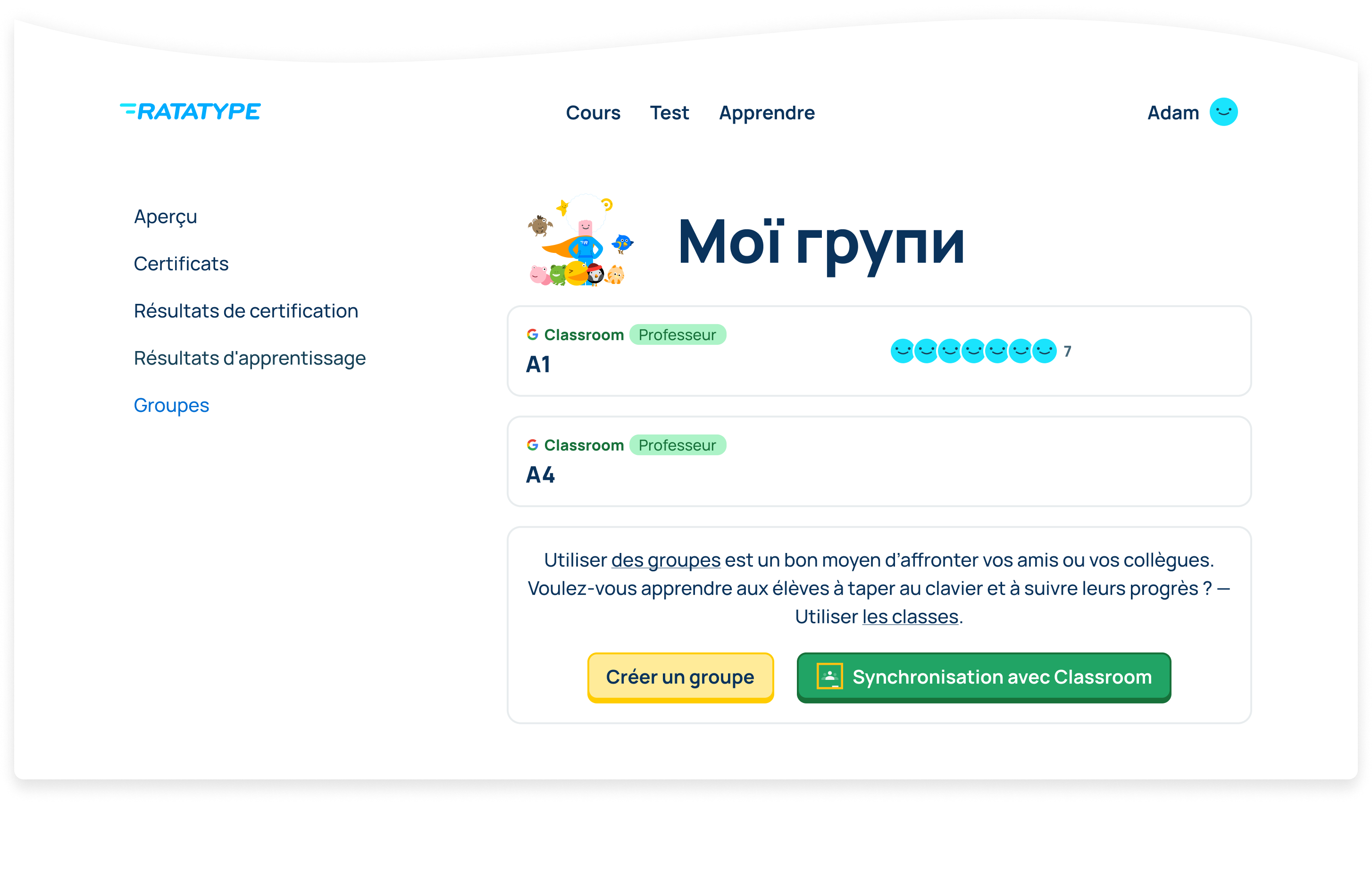 Les cours de votre compte Google Classroom ainsi que tous vos élèves sont désormais disponibles sur Ratatype ! Vous pouvez maintenant débuter l'enseignement de la dactylographie.